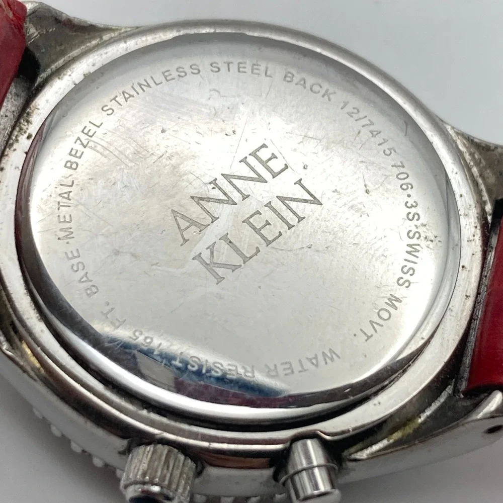 Anne Klein Diamond Women's Watch 32mm Silver Tone Swiss Month Red New Battery